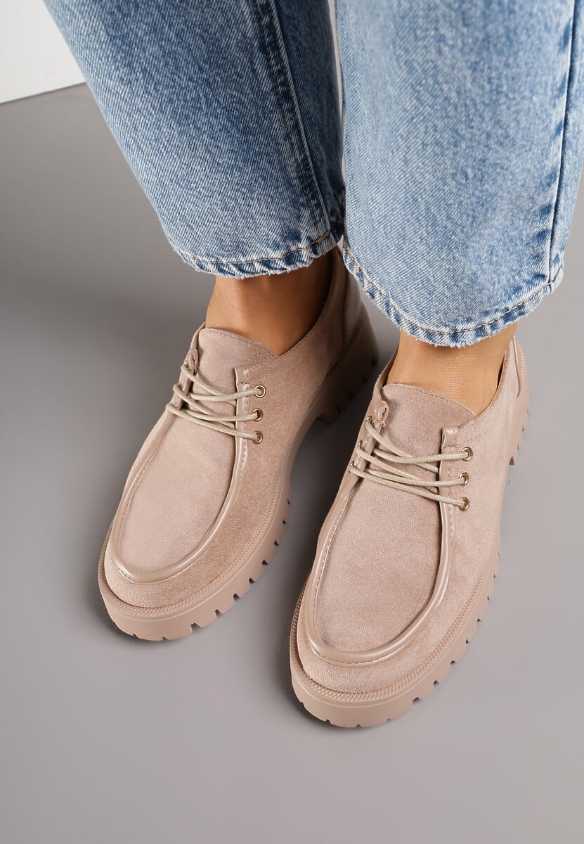Ciemnobeżowe Półbuty Mokasyny w Stylu Boat Shoes ze Sznurowaniem Balmitar 3