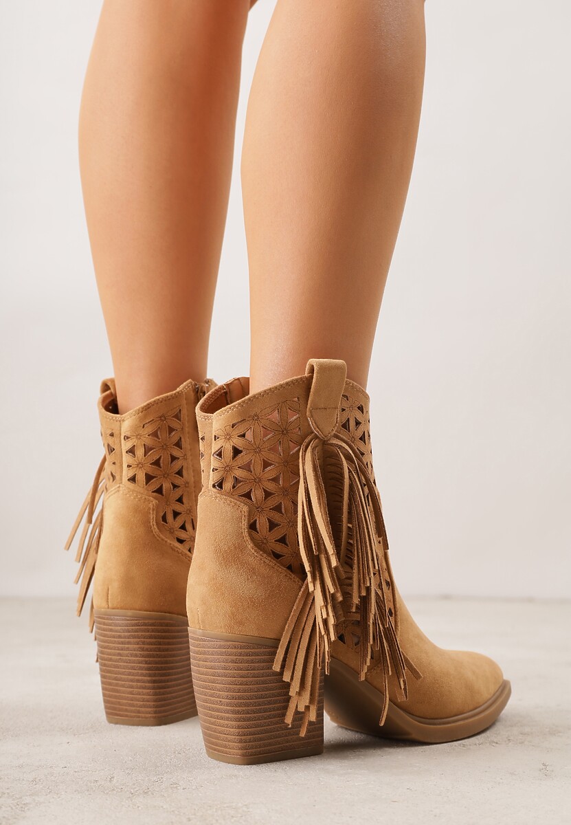 Brązowe Ażurowe Botki Typu Kowbojki na Stożku Ozdobione Frędzlami Pentora 3