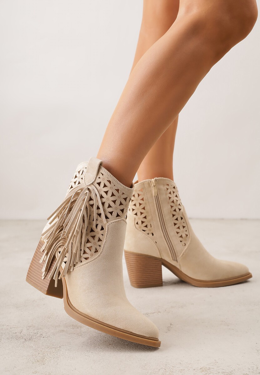 Beżowe Ażurowe Botki Typu Kowbojki na Stożku Ozdobione Frędzlami Pentora 2