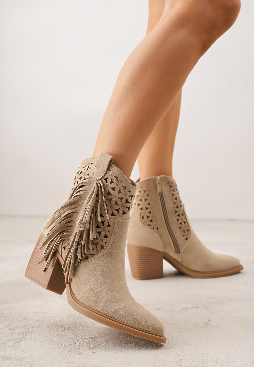Ciemnobeżowe Ażurowe Botki Typu Kowbojki na Stożku Ozdobione Frędzlami Pentora 2