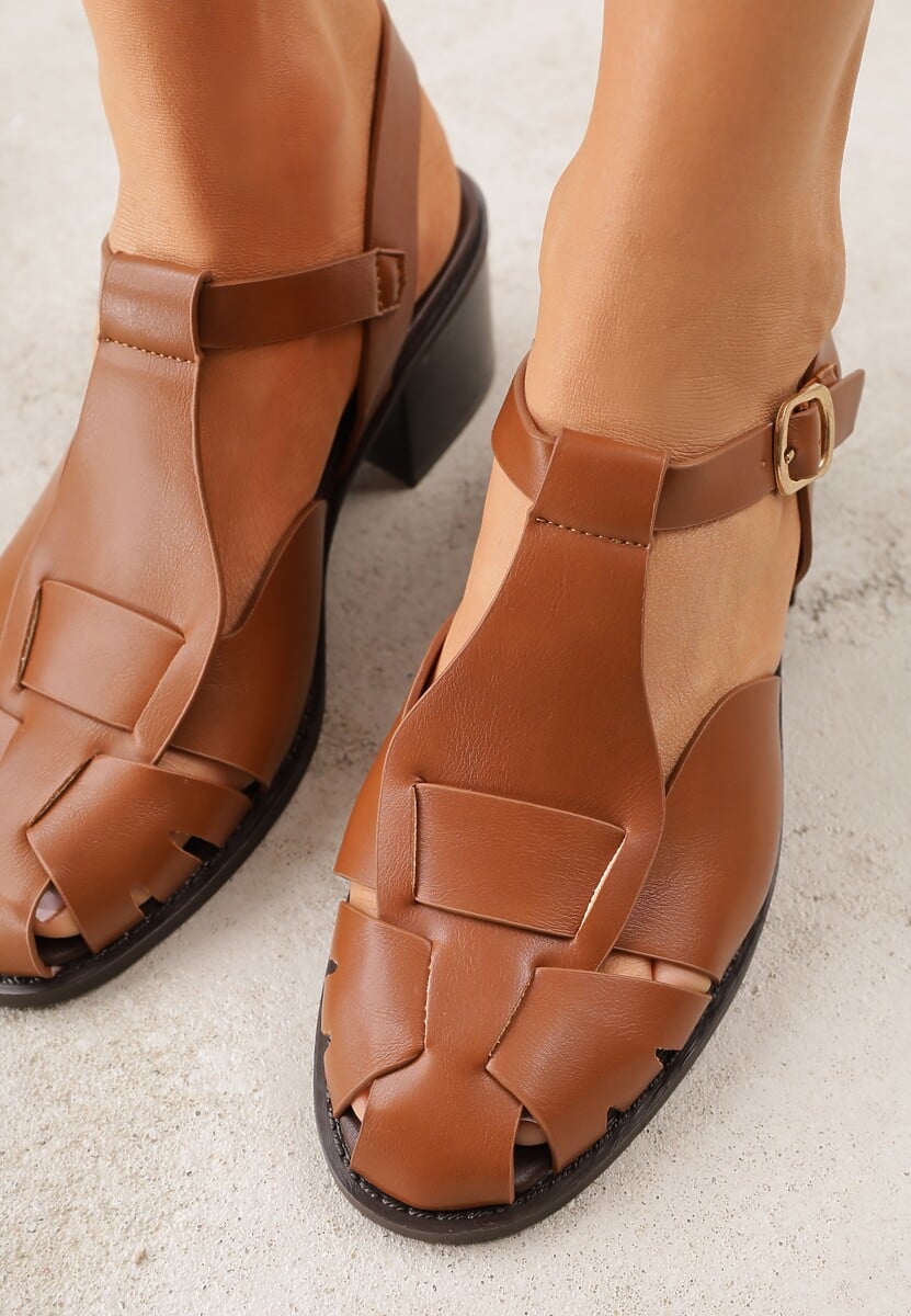 Brązowe Sandały na Słupku Ozdobione Wycięciami Rharlan 3