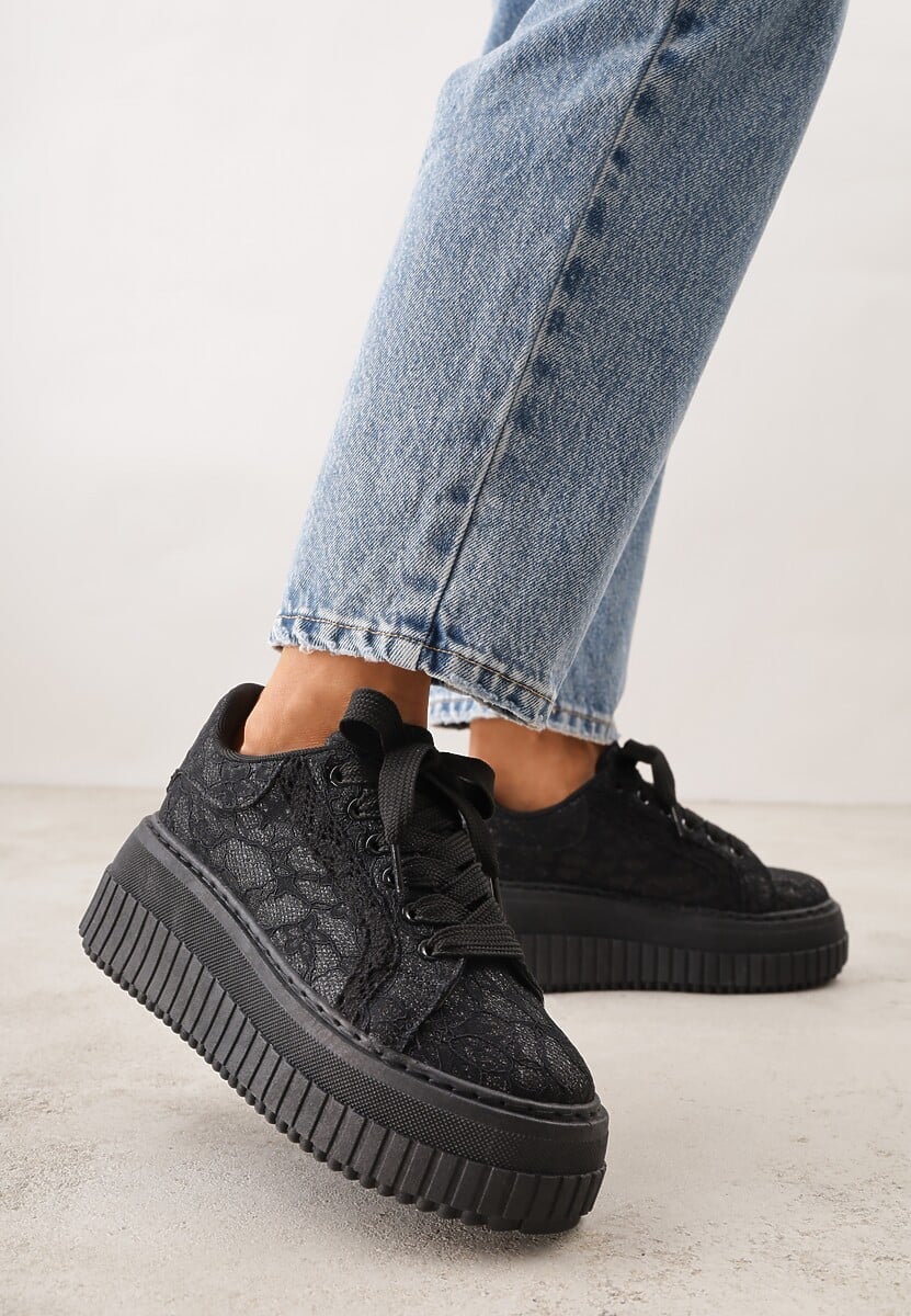 Czarne Koronkowe Sneakersy na Platformie z Tłoczeniem i Brokatem Phisnell 1