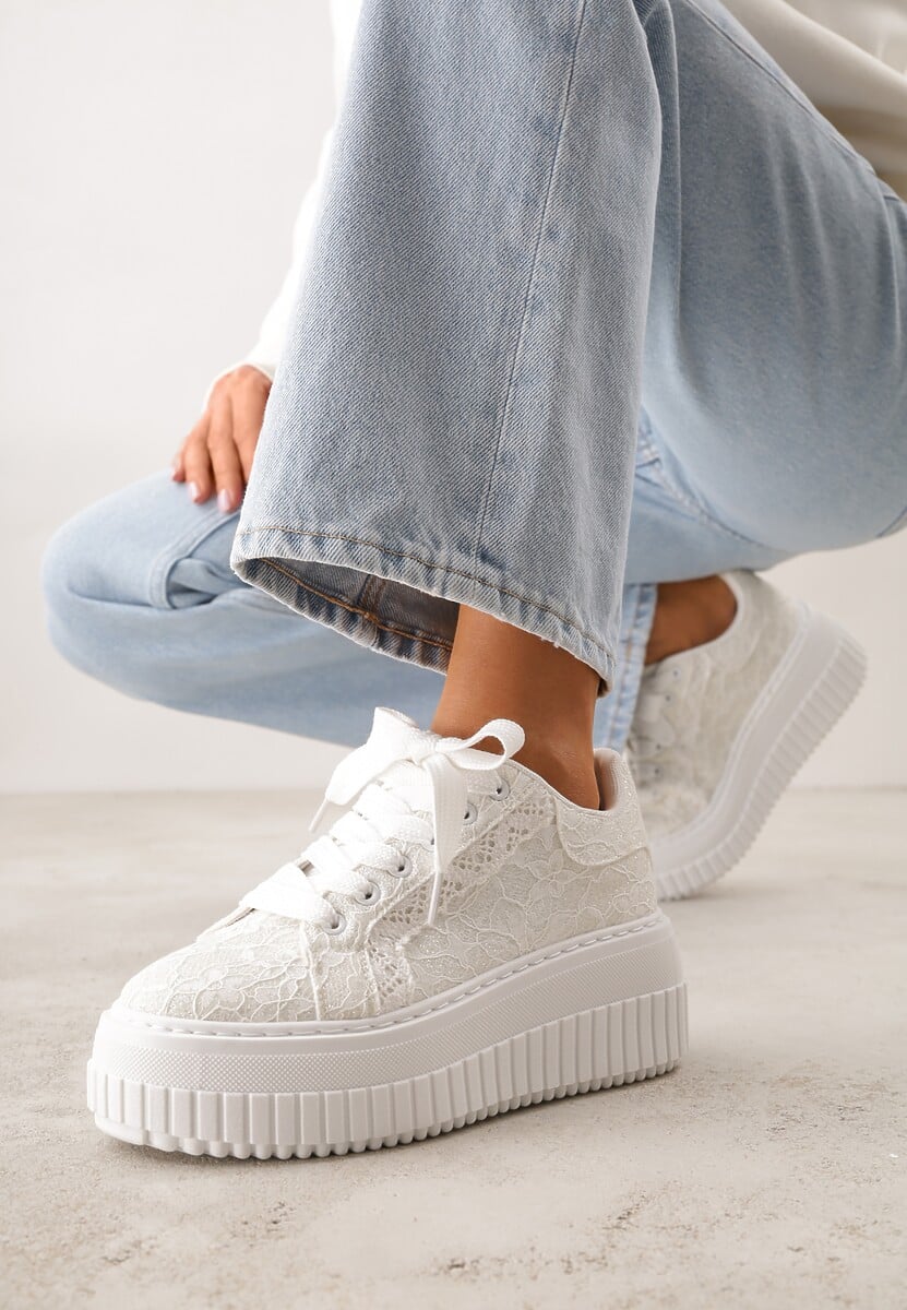 Białe Koronkowe Sneakersy na Platformie z Tłoczeniem i Brokatem Phisnell 1