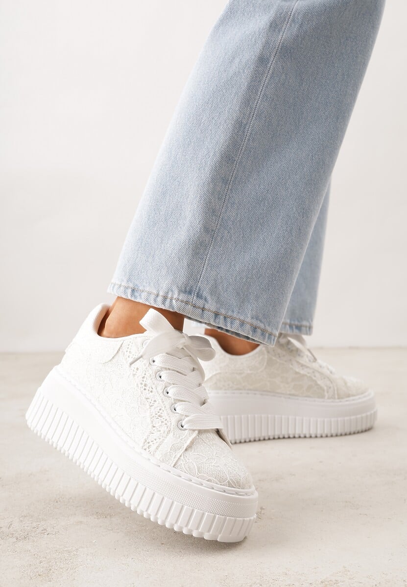 Białe Koronkowe Sneakersy na Platformie z Tłoczeniem i Brokatem Phisnell 2
