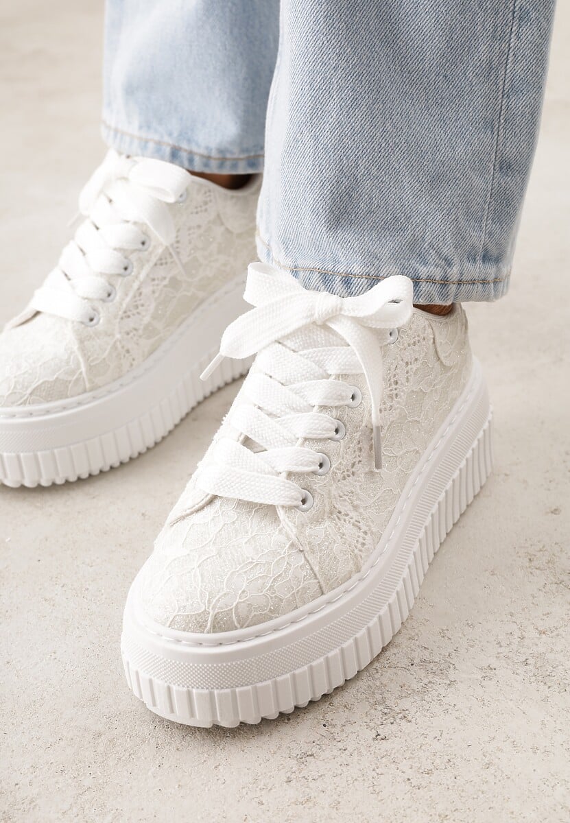 Białe Koronkowe Sneakersy na Platformie z Tłoczeniem i Brokatem Phisnell 3