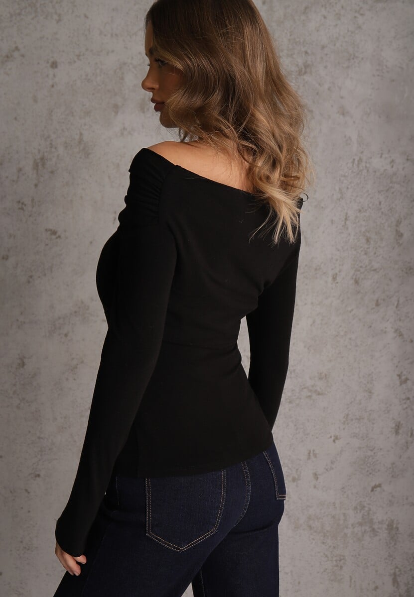 Czarna Marszczona Bluzka z Bawełną i Dekoltem w Łódkę Orinlia 3