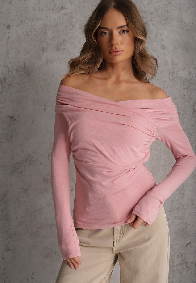 Różowa Marszczona Bluzka z Bawełną i Dekoltem w Łódkę Orinlia 1