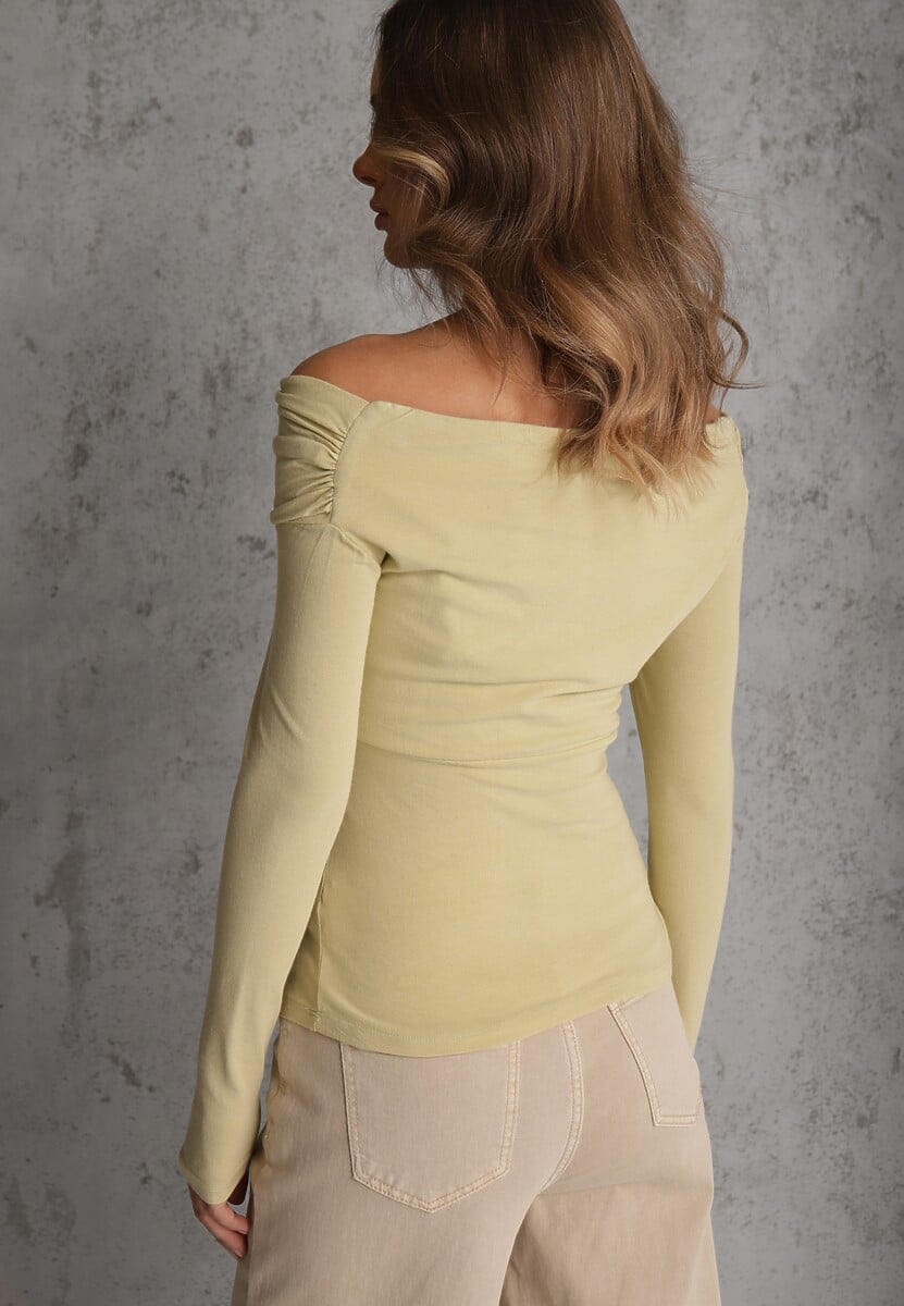 Zielona Marszczona Bluzka z Bawełną i Dekoltem w Łódkę Orinlia 3