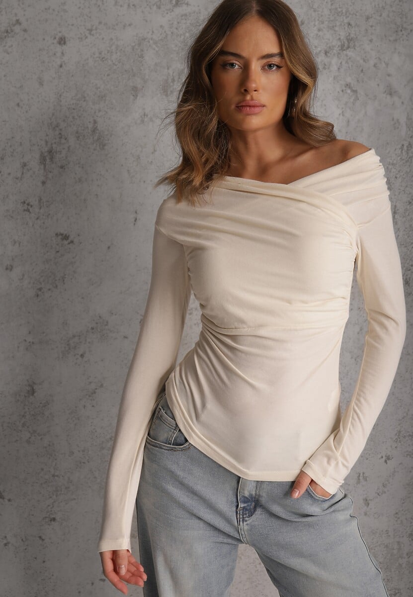 Beżowy Marszczona Bluzka z Bawełną i Dekoltem w Łódkę Orinlia 2
