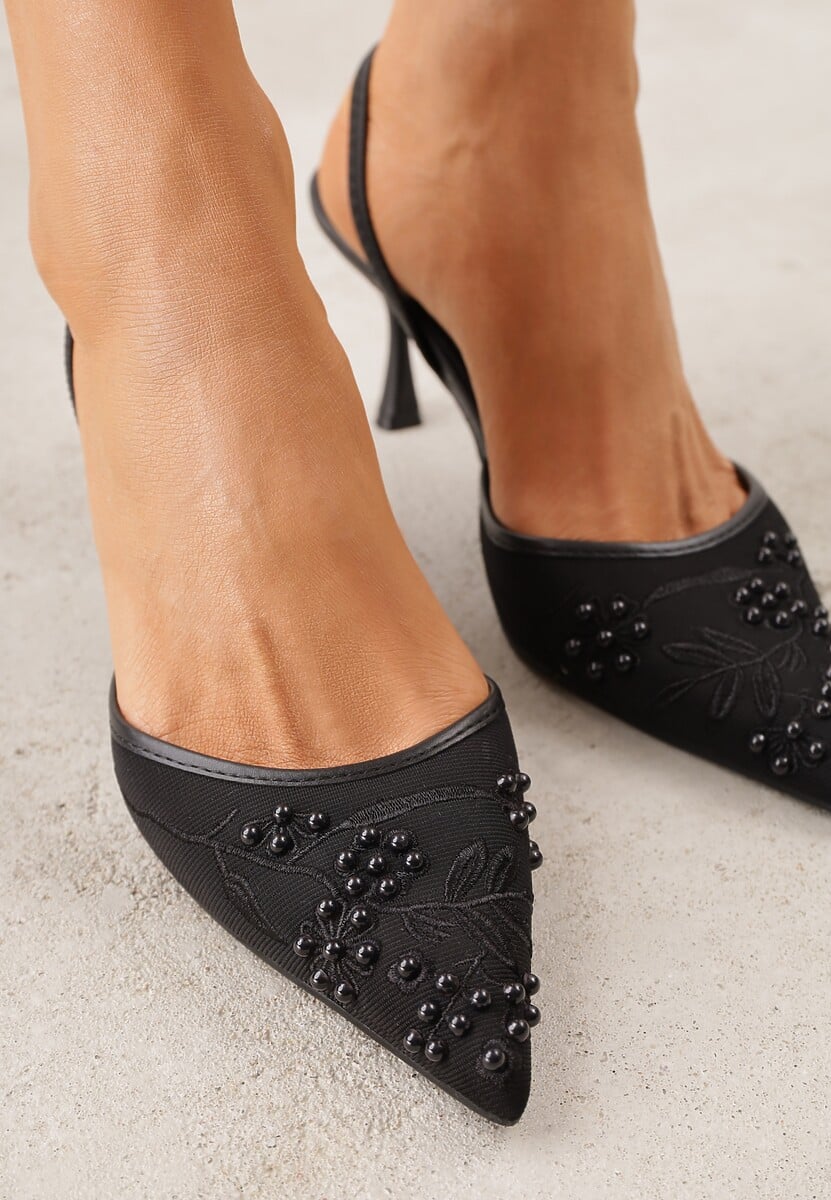Czarne Sandały na Szpilce Ozdobione Haftowanym Wzorem i Koralikami Sametis 3