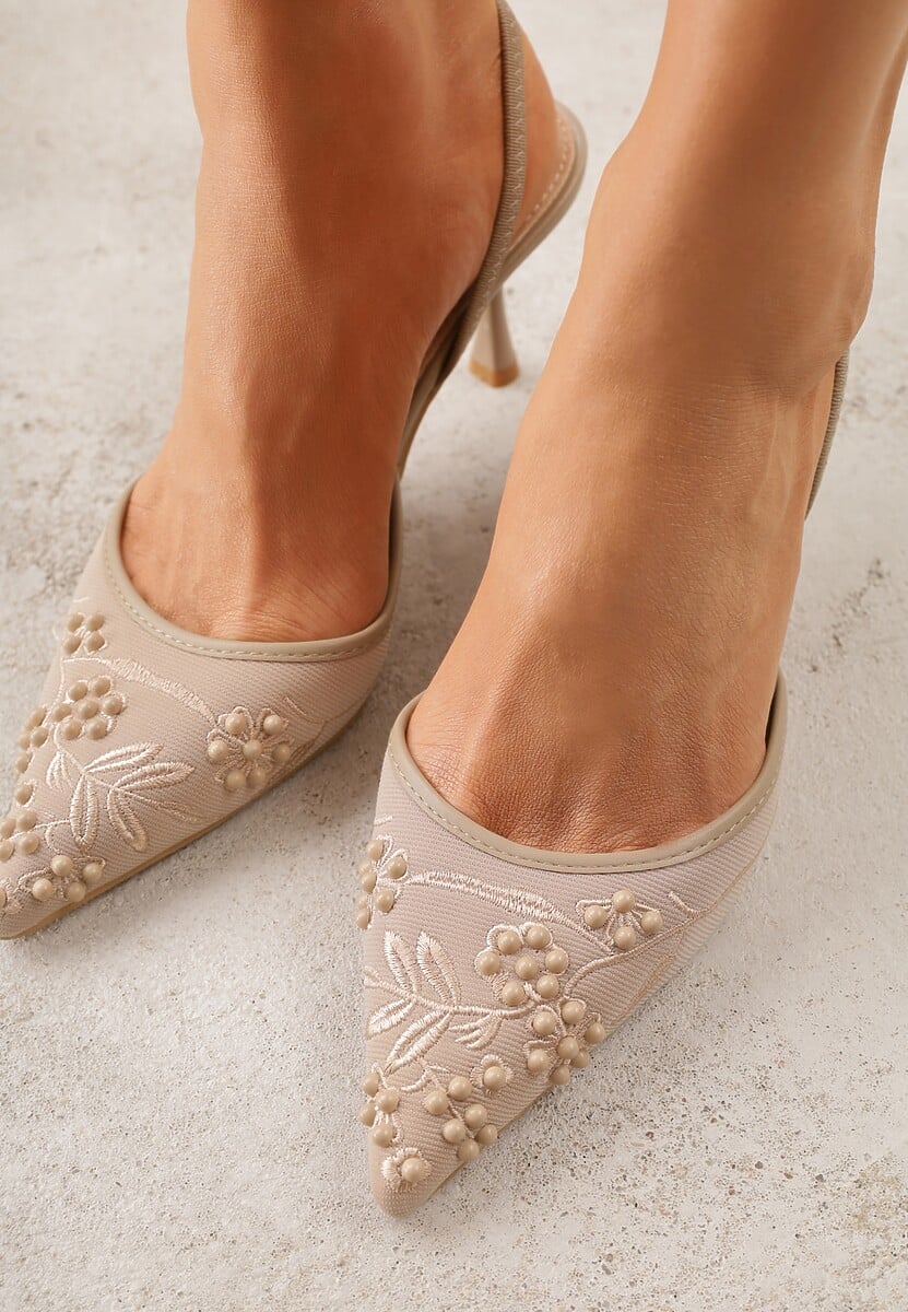 Ciemnobeżowe Sandały na Szpilce Ozdobione Haftowanym Wzorem i Koralikami Sametis 3