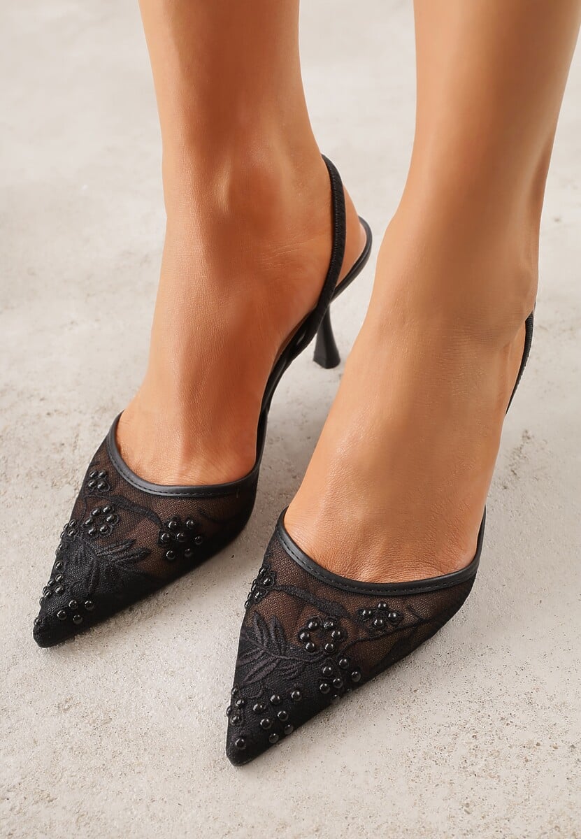 Czarne Transparentne Sandały na Szpilce Ozdobione Koronką  Thetune 3