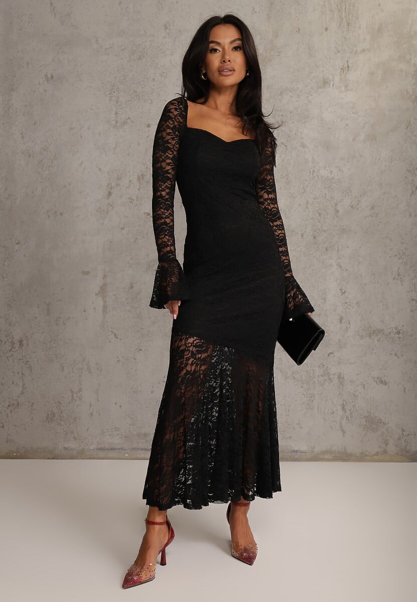 Czarna Elegancka Sukienka VICES z Koronki z Wiązaniem z Tyłu Drenvienne 2