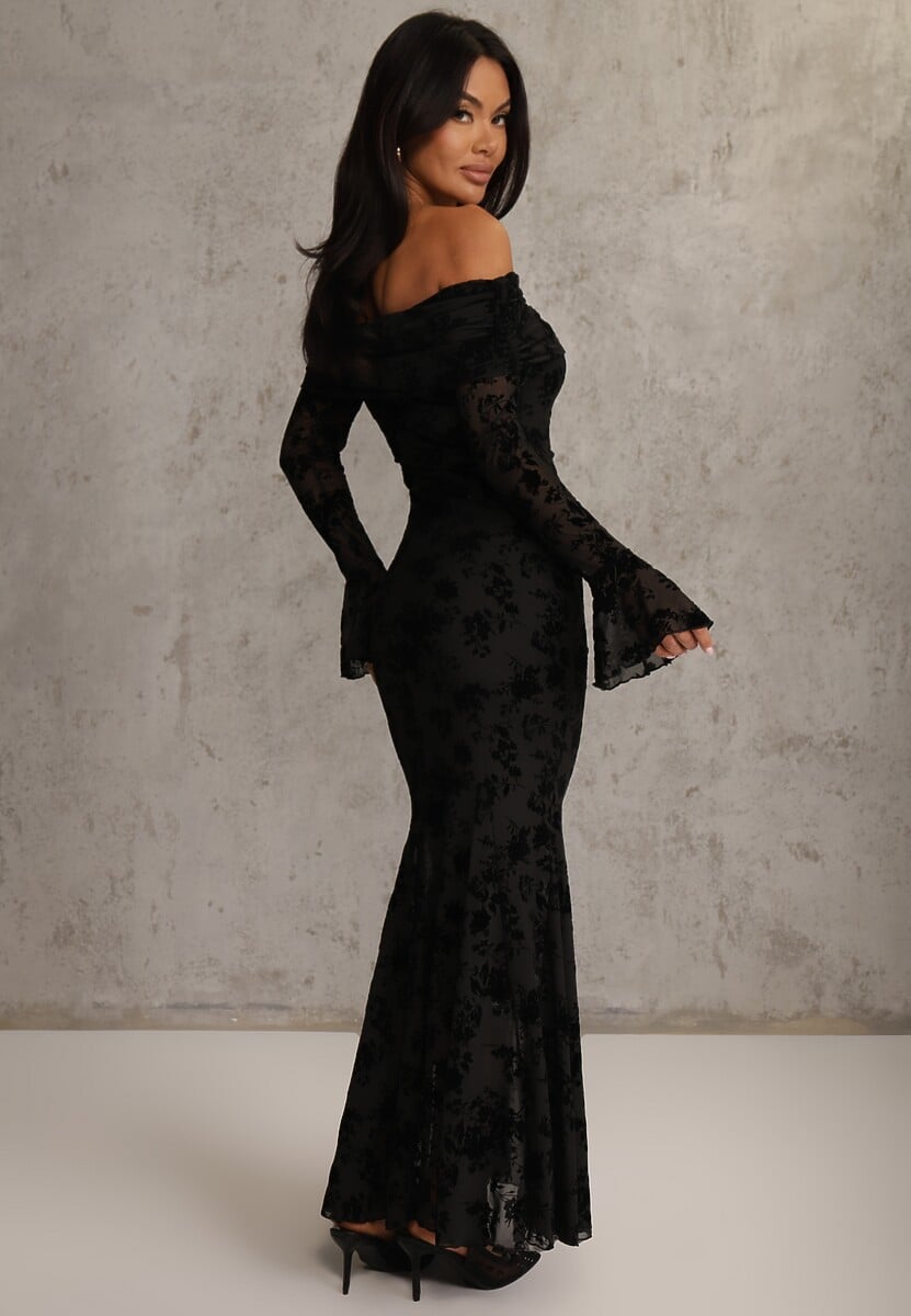 Czarna Wizytowa Sukienka VICES Off Shoulder z Kwiatowym Wzorem z Weluru Adrakharei 3