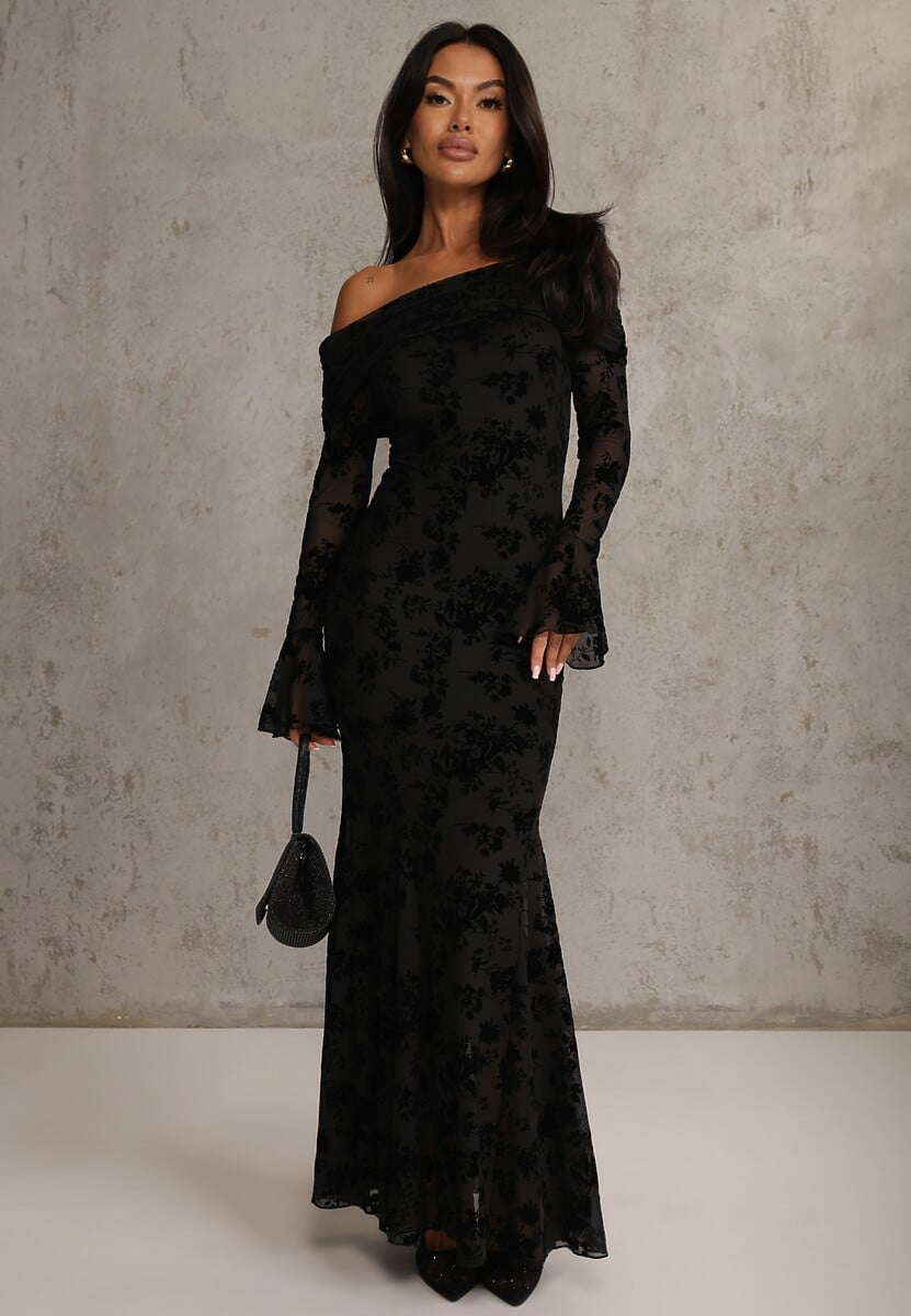 Czarna Wizytowa Sukienka VICES Off Shoulder z Kwiatowym Wzorem z Weluru Adrakharei 1