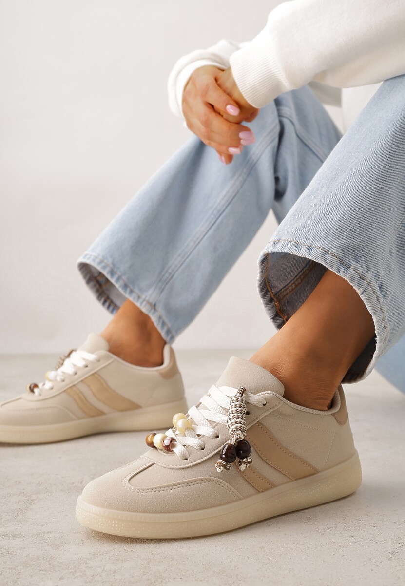 Beżowe Sneakersy Typu Tenisówki Ozdobione Koralikami Daemeli 1