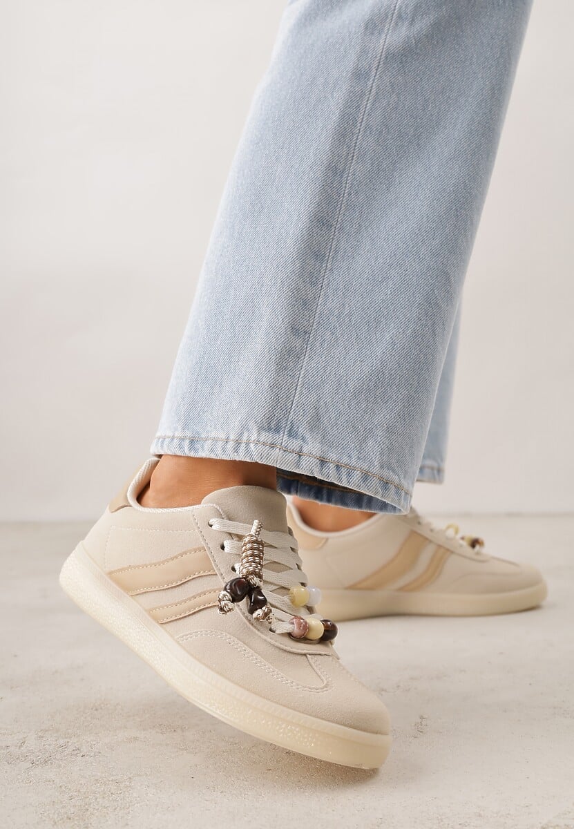 Beżowe Sneakersy Typu Tenisówki Ozdobione Koralikami Daemeli 2