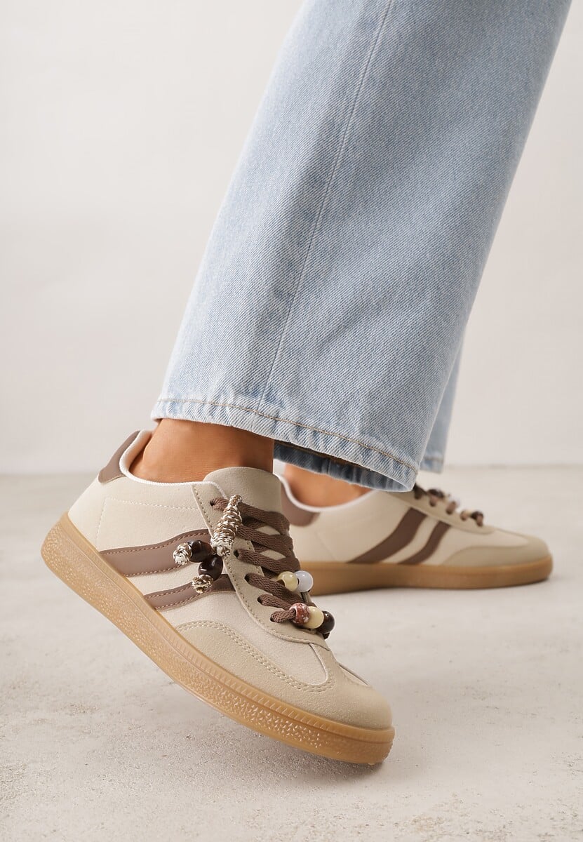 Ciemnobeżowe Sneakersy Typu Tenisówki Ozdobione Koralikami Daemeli 2