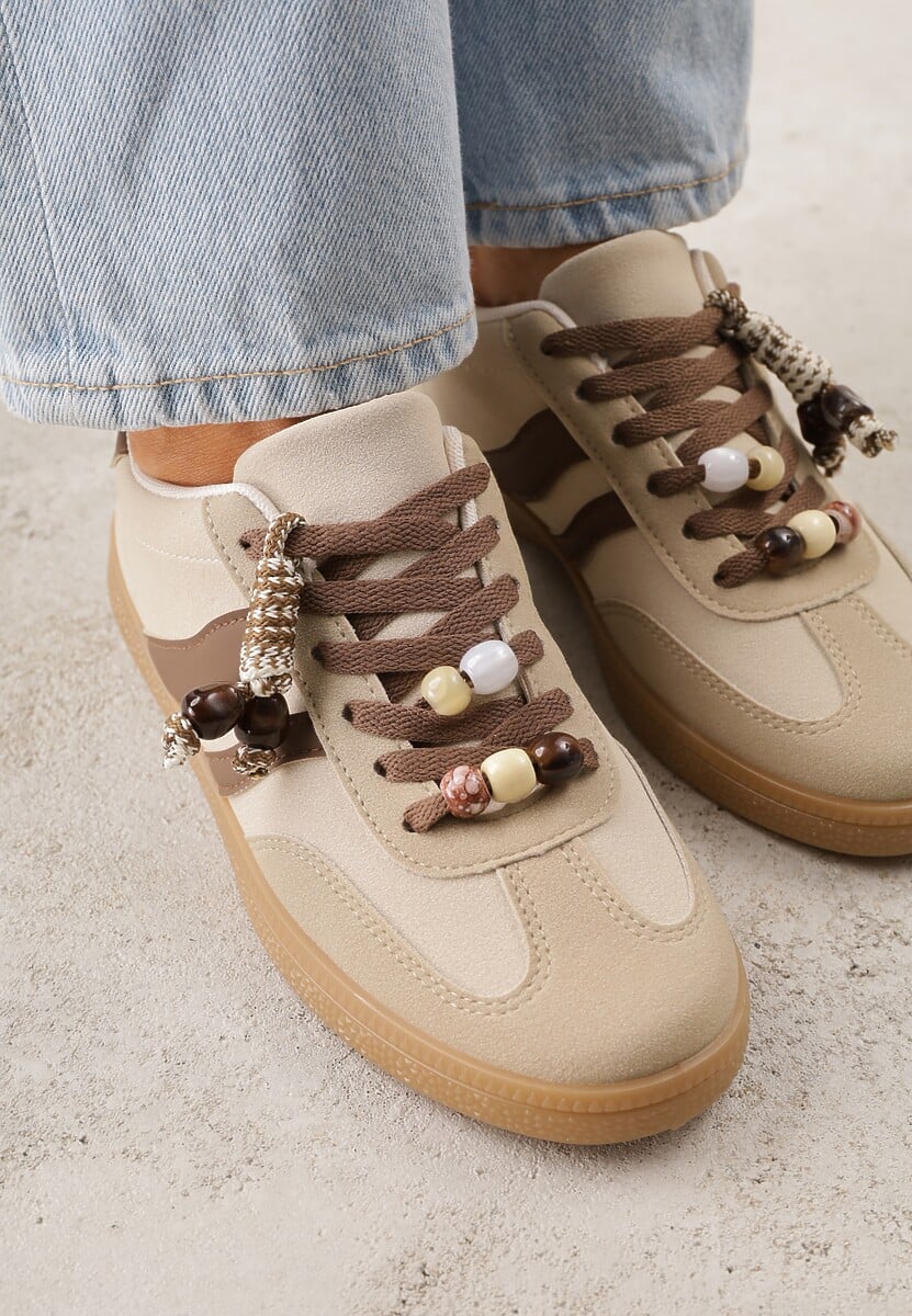 Ciemnobeżowe Sneakersy Typu Tenisówki Ozdobione Koralikami Daemeli 3