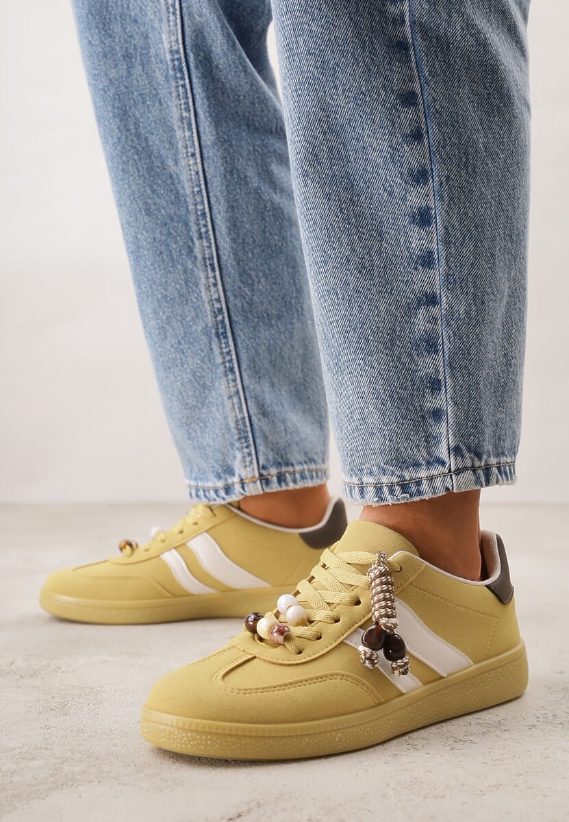 Żółte Sneakersy Typu Tenisówki Ozdobione Koralikami Daemeli 2