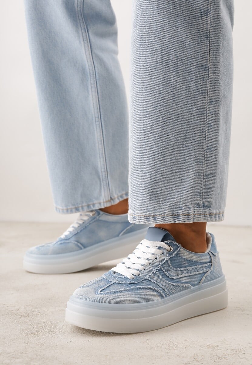Niebieskie Sneakersy na Platformie z Denimu Nanore 2