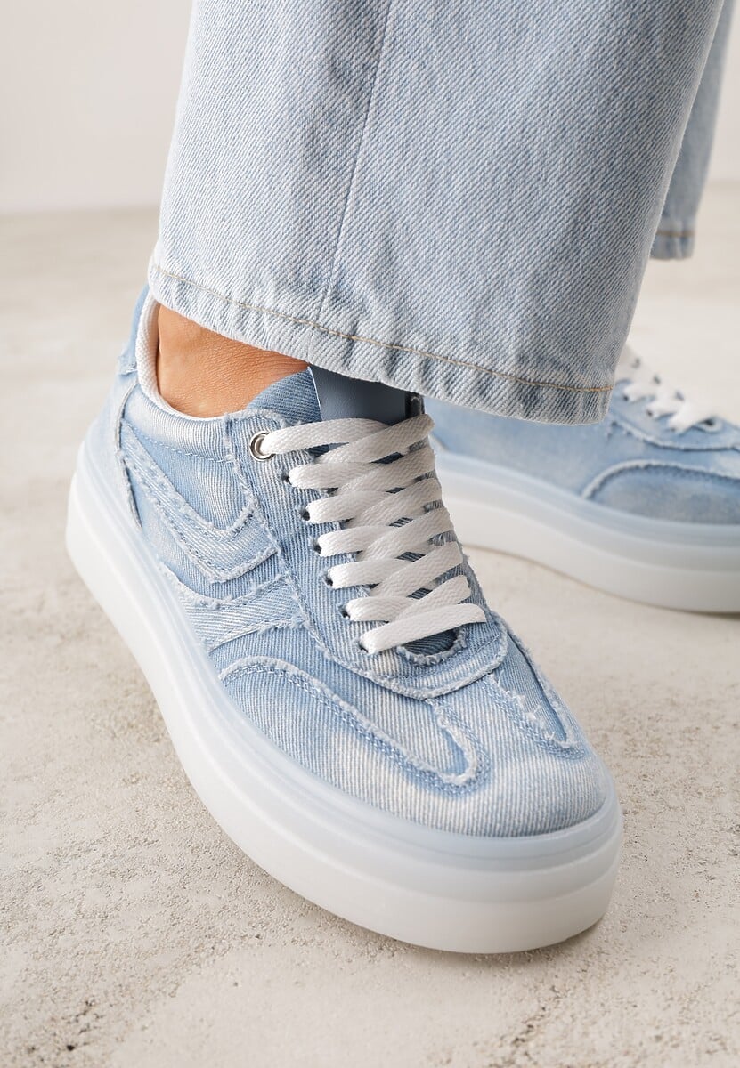 Niebieskie Sneakersy na Platformie z Denimu Nanore 3