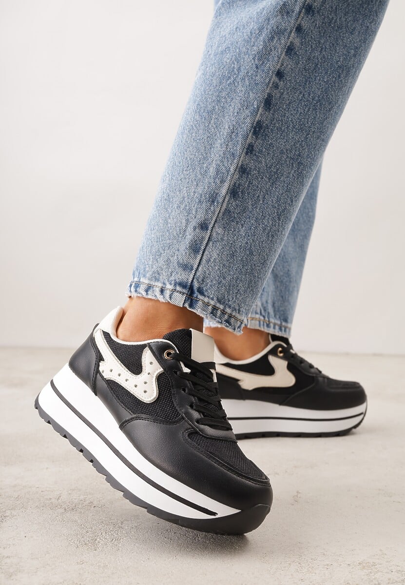 Czarne Sneakersy na Platformie z Tweedowym Zdobieniem i Perforacją Dioseleia 1