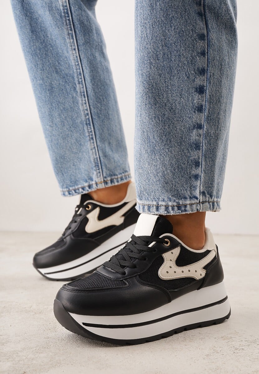 Czarne Sneakersy na Platformie z Tweedowym Zdobieniem i Perforacją Dioseleia 2