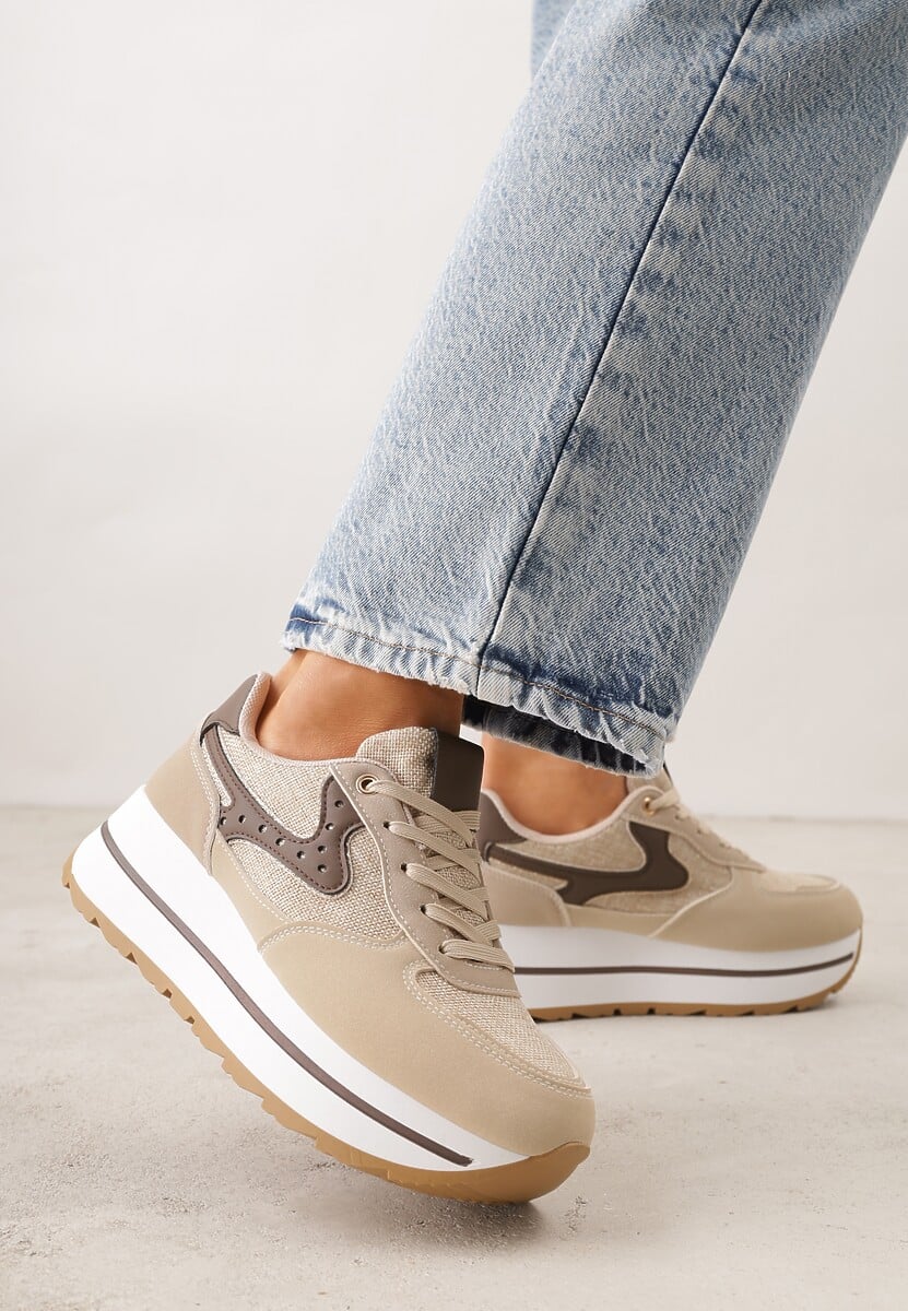 Beżowe Sneakersy na Platformie z Tweedowym Zdobieniem i Perforacją Dioseleia 2