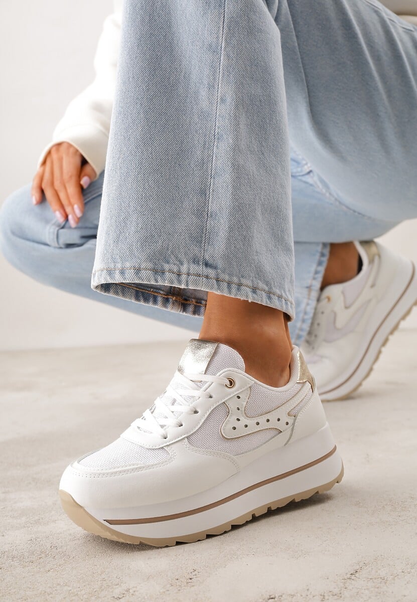 Białe Sneakersy na Platformie z Tweedowym Zdobieniem i Perforacją Dioseleia 1