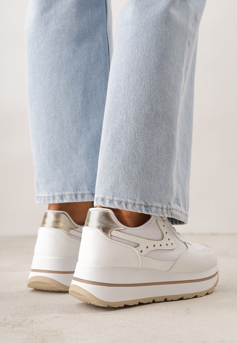 Białe Sneakersy na Platformie z Tweedowym Zdobieniem i Perforacją Dioseleia 3