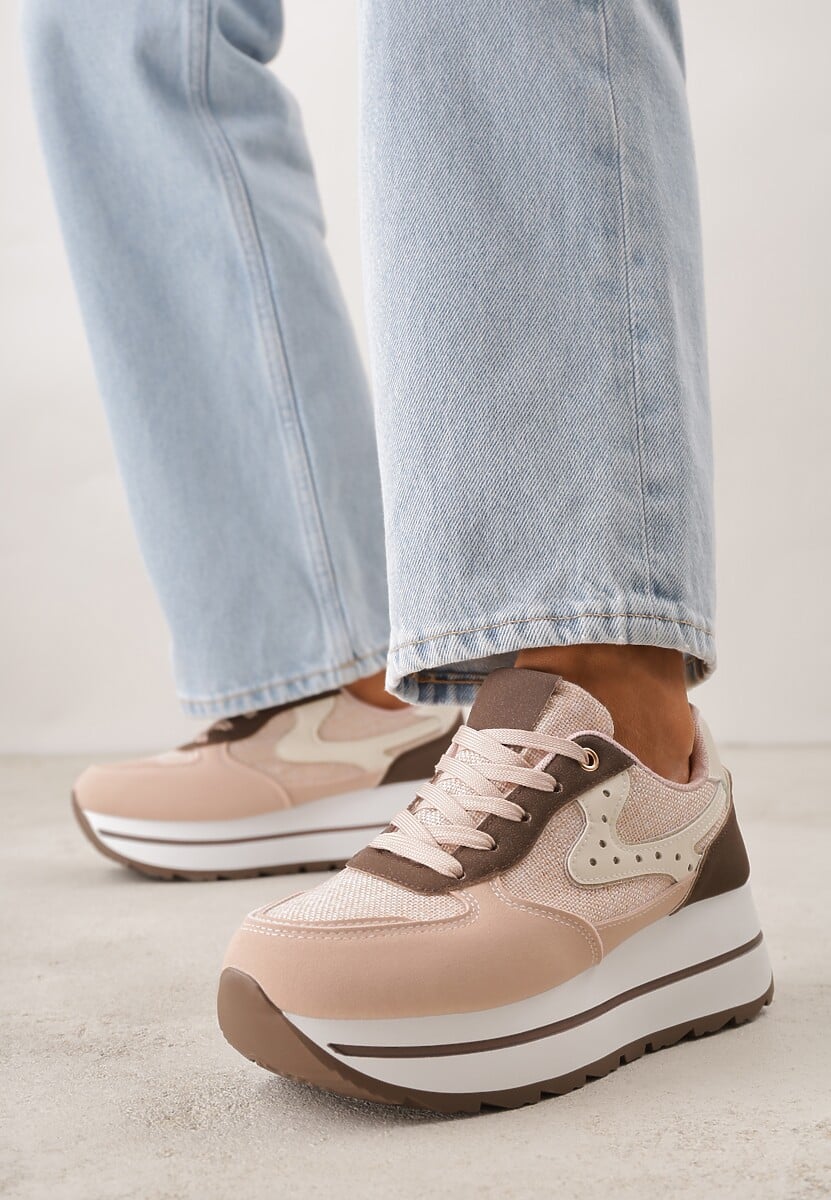 Różowe Sneakersy na Platformie z Tweedowym Zdobieniem i Perforacją Dioseleia 2