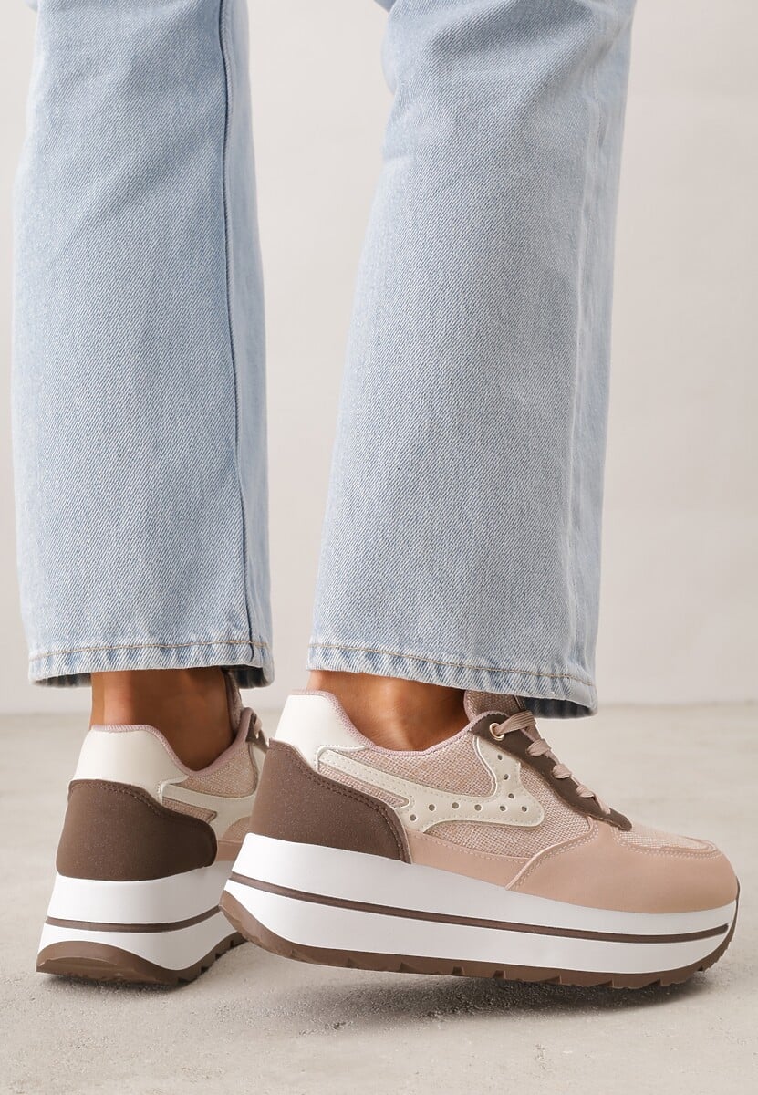 Różowe Sneakersy na Platformie z Tweedowym Zdobieniem i Perforacją Dioseleia 3