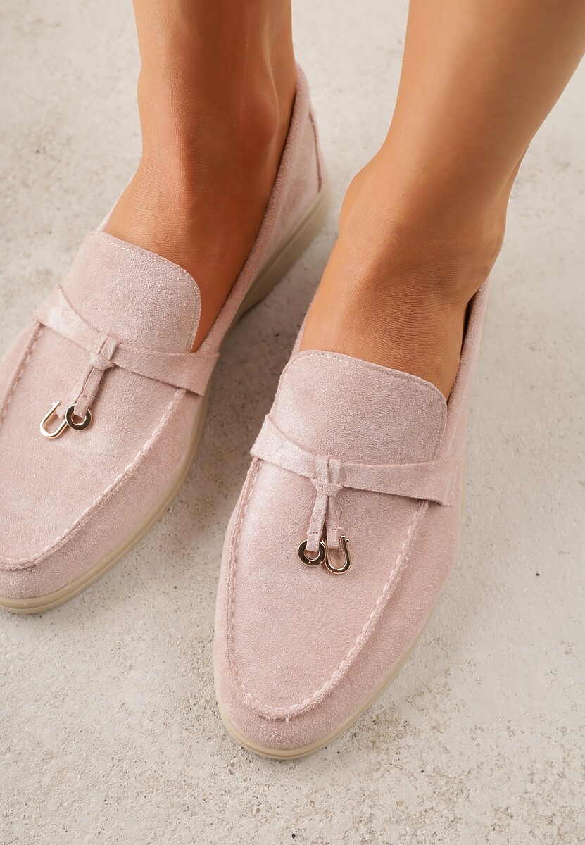 Różowe Mokasyny z Imitacji Zamszu Zdobione Zawieszką i Przeszyciem Aezoris 3