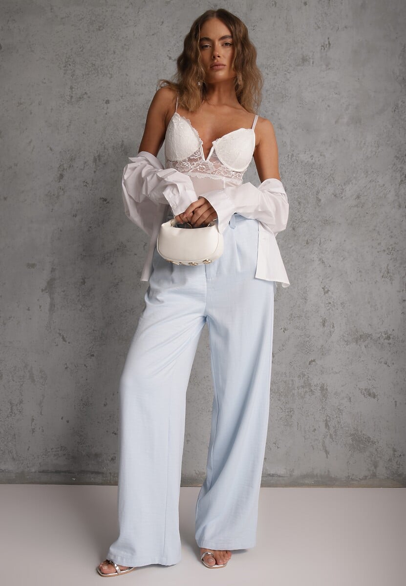 Niebieskie Spodnie Szerokie z Dodatkiem Bawełny High Waist z Metaliczną Klamrą Azaerixis 1