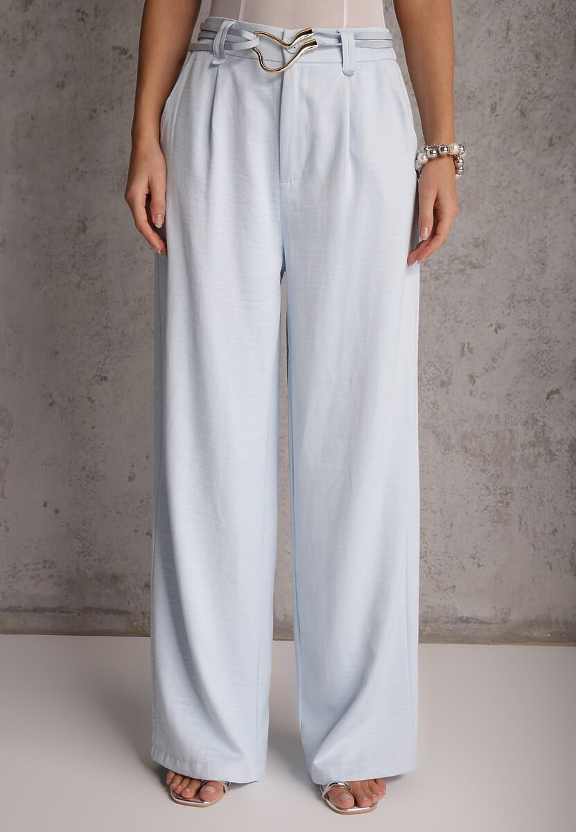 Niebieskie Spodnie Szerokie z Dodatkiem Bawełny High Waist z Metaliczną Klamrą Azaerixis 2