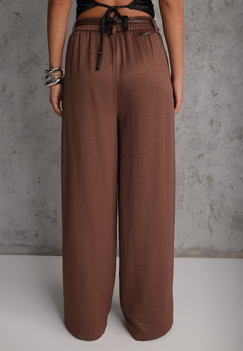 Brązowe Spodnie Szerokie z Dodatkiem Bawełny High Waist z Metaliczną Klamrą Azaerixis 3