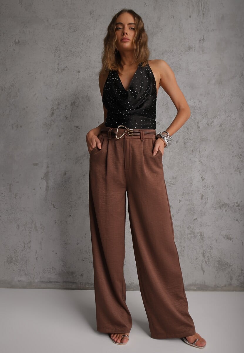Brązowe Spodnie Szerokie z Dodatkiem Bawełny High Waist z Metaliczną Klamrą Azaerixis 1