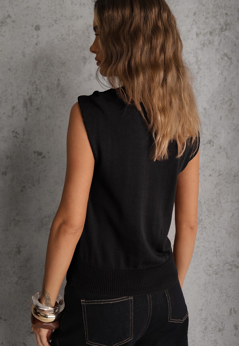 Czarna Wiskozowa Bluzka Bez Rękawów z Dzianiny Zdobiona Metaliczną Aplikacją Alutina 3
