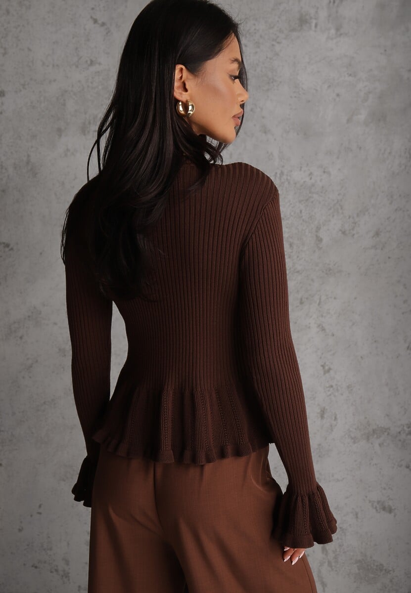 Brązowy Wiskozowy Kardigan w Prążki z Falbankami i Guzikami z Cyrkoniami Danareia 3