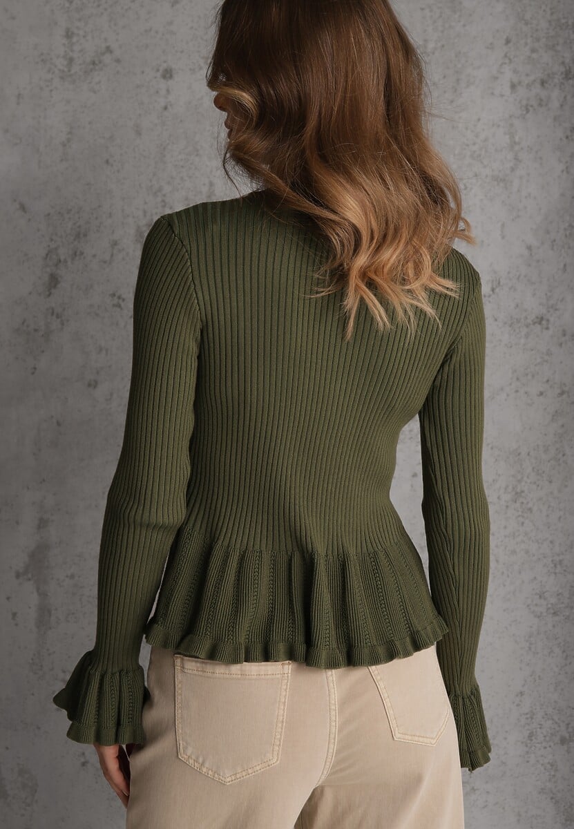 Zielony Wiskozowy Kardigan w Prążki z Falbankami i Guzikami z Cyrkoniami Danareia 3