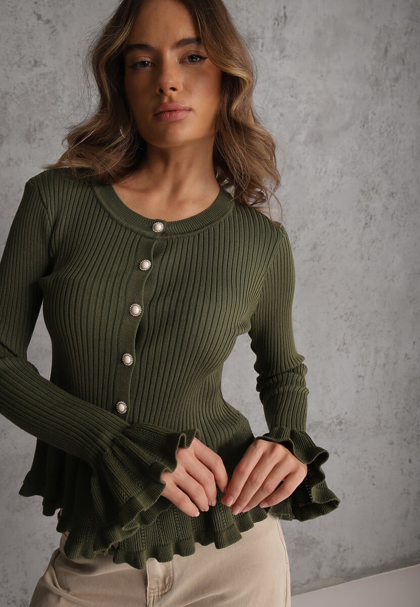 Zielony Wiskozowy Kardigan w Prążki z Falbankami i Guzikami z Cyrkoniami Danareia 1