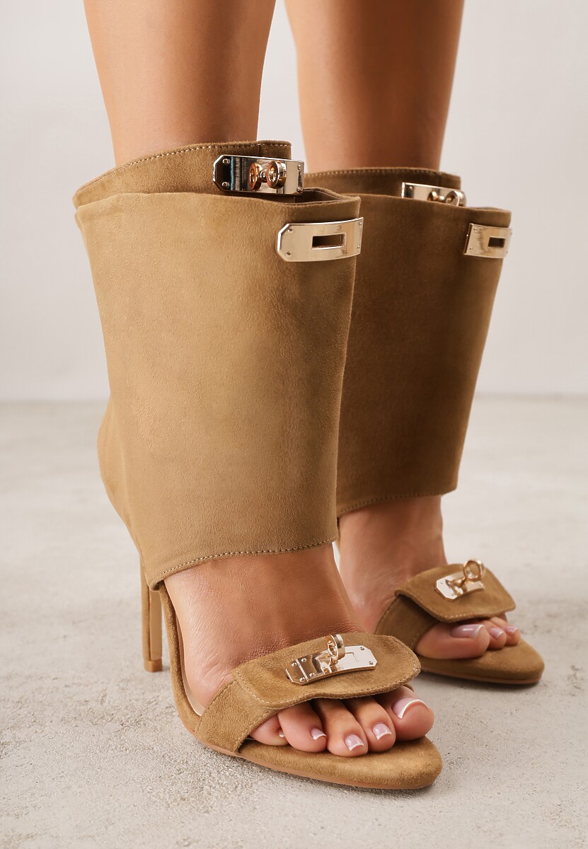 Ciemnobeżowe Sandały Typu Botki z Metalicznymi Klamrami Zaehlyss 3