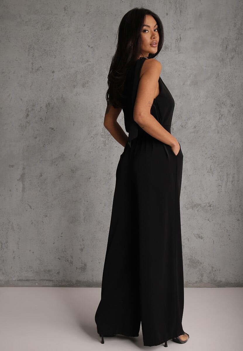 Czarny Koktajlowy Kombinezon Asymetryczny o Kroju na Jedno Ramię z Klamrą Hurinex 3