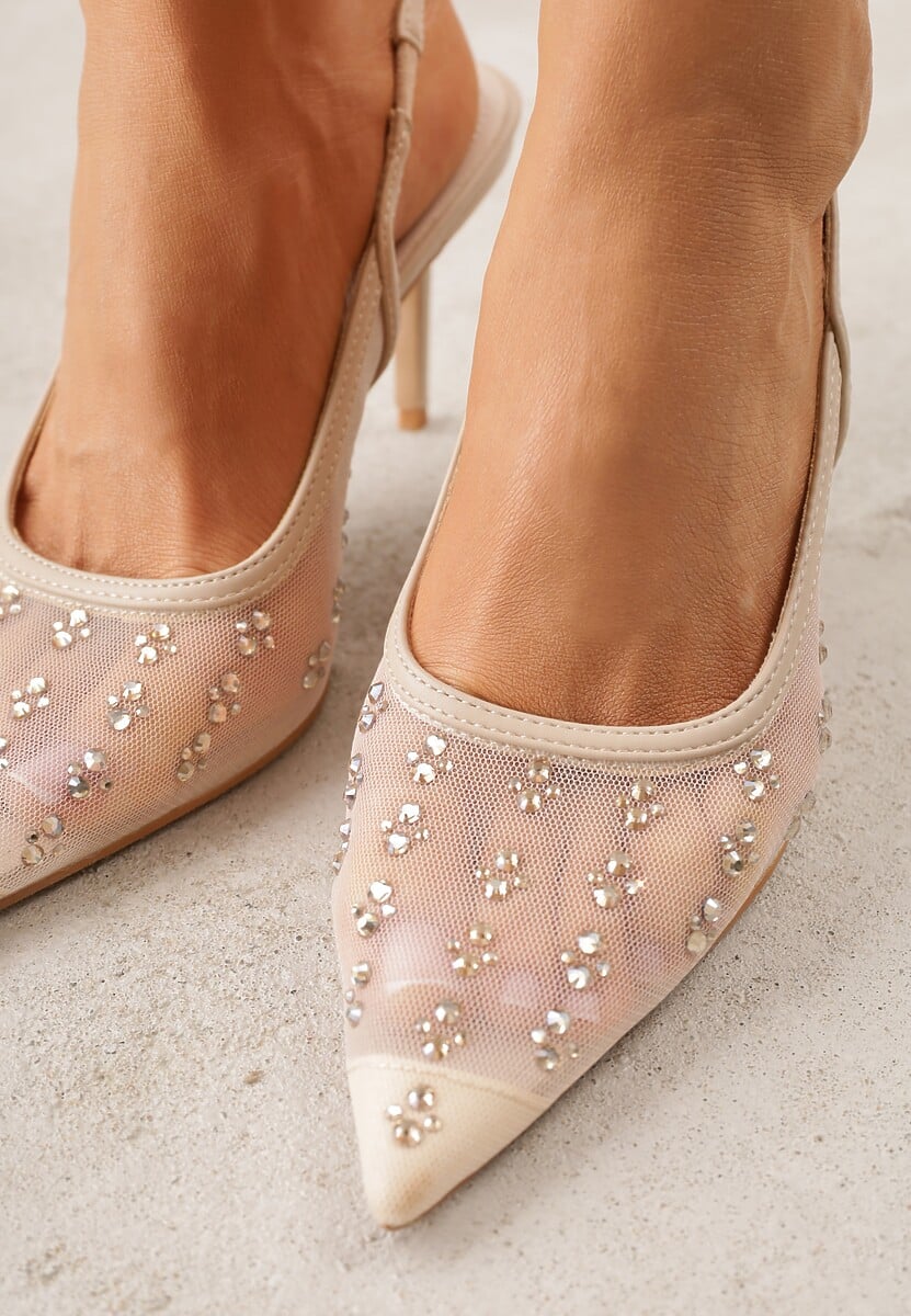 Złote Sandały Slingback na Szpilce z Siateczki Zdobione Cyrkoniami Lilinyra 3