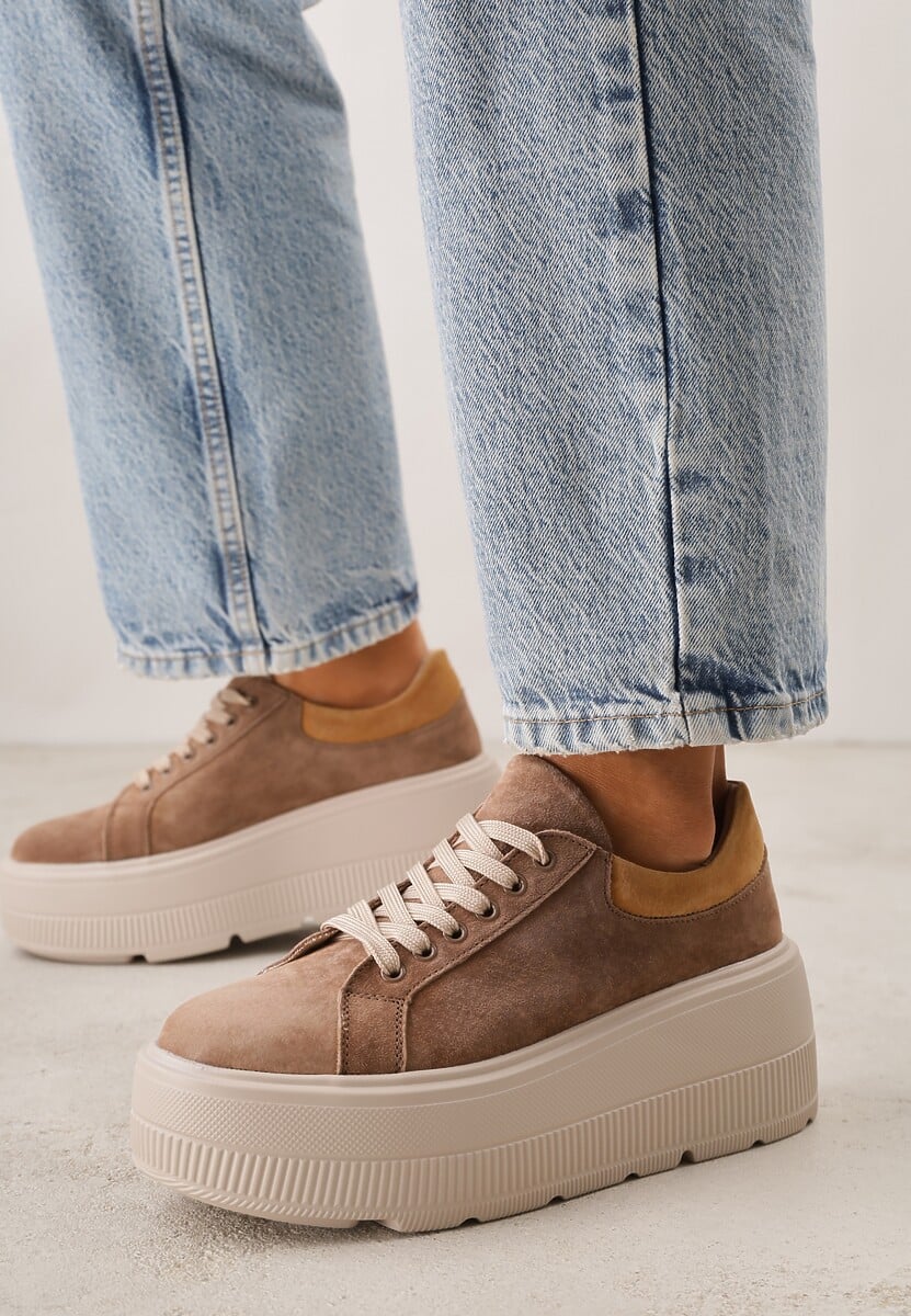 Brązowe Sneakersy na Platformie z Naturalnego Zamszu Latavesa 2