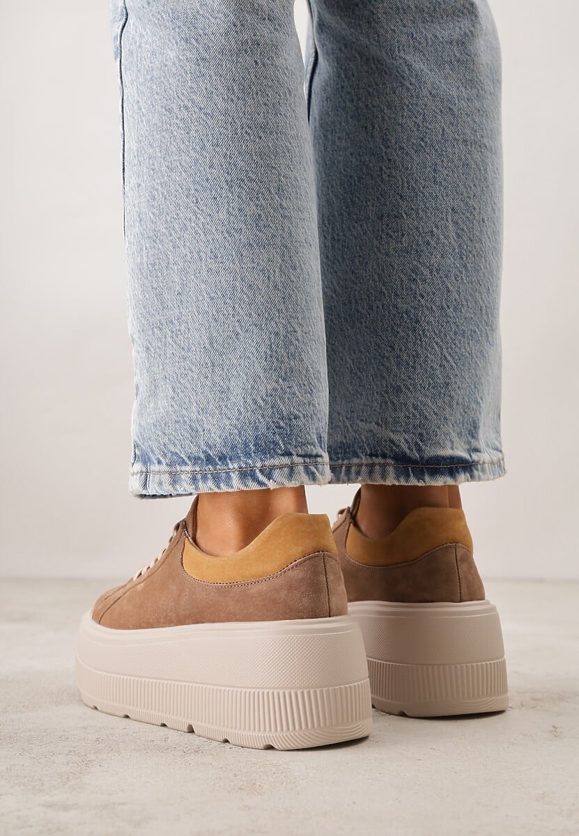Brązowe Sneakersy na Platformie z Naturalnego Zamszu Latavesa 3