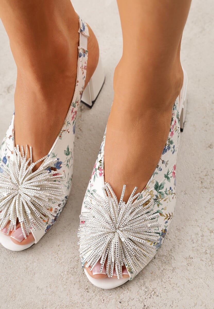 Białe Sandały na Słupku z Wkładką ze Skóry Naturalnej z Pomponem Rerissiana 3