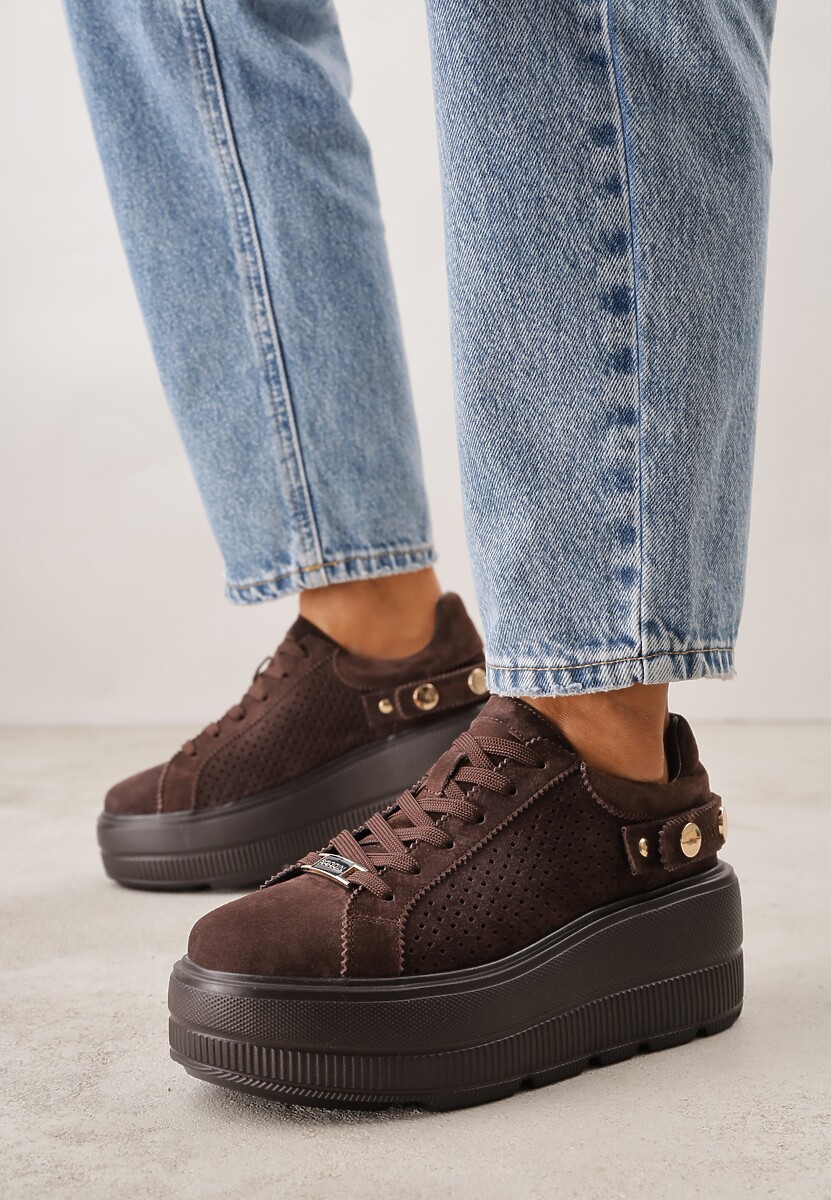 Ciemnobrązowe Perforowane Sneakersy ze Skóry Naturalnej na Platformie i Koturnie Risyla 2