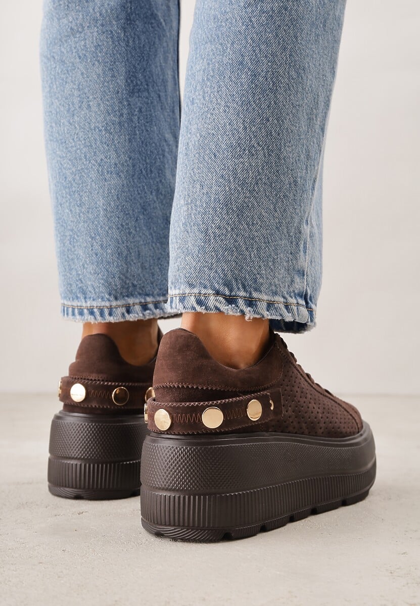 Ciemnobrązowe Perforowane Sneakersy ze Skóry Naturalnej na Platformie i Koturnie Risyla 3